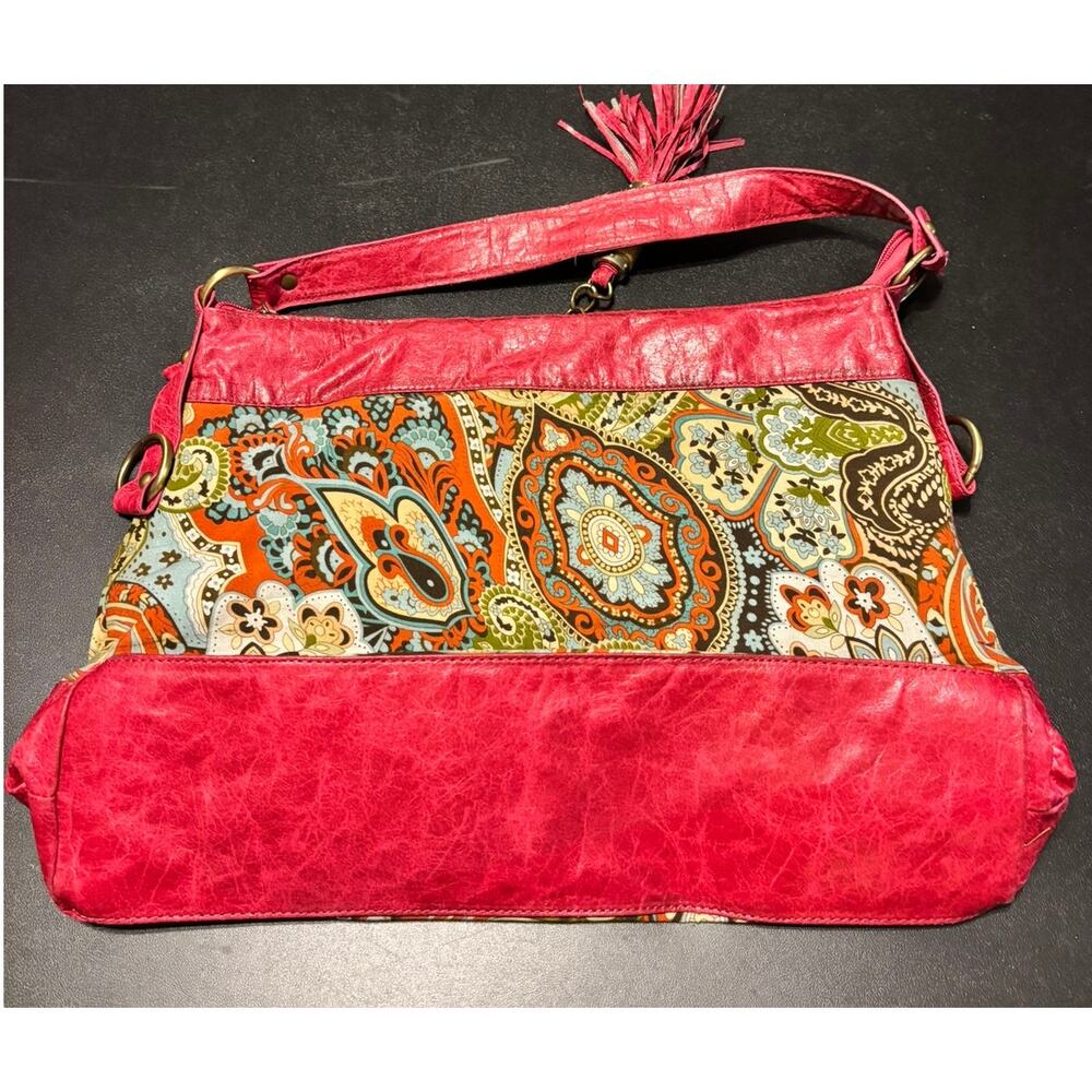 Boho Paisley Shoulder Bag Pink Faux Leather Trim Tassel Zip Purse Medium - Picture 2 of 10